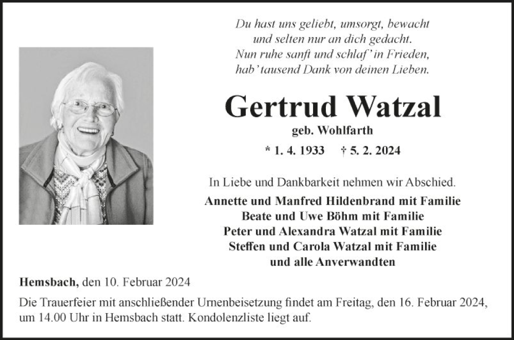  Traueranzeige für Gertrud Watzal vom 10.02.2024 aus Fränkische Nachrichten