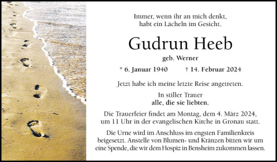 Traueranzeige von Gudrun Heeb von Bergsträßer Anzeiger
