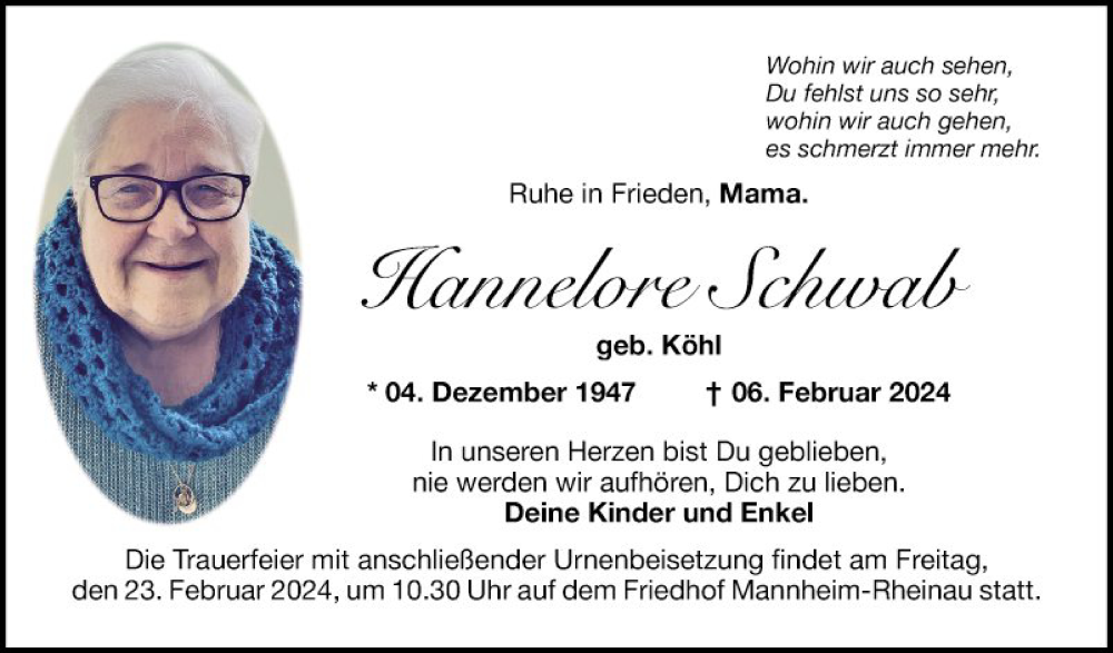  Traueranzeige für Hannelore Schwab vom 17.02.2024 aus Mannheimer Morgen