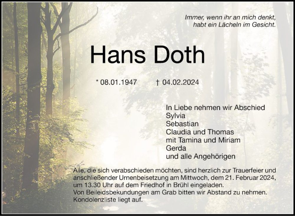  Traueranzeige für Hans Doth vom 17.02.2024 aus Schwetzinger Zeitung