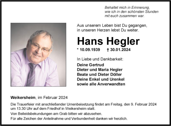 Traueranzeige von Hans Hegler von Fränkische Nachrichten