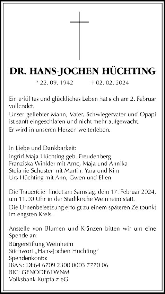 Traueranzeige von Hans-Jochen Hüchting von Mannheimer Morgen