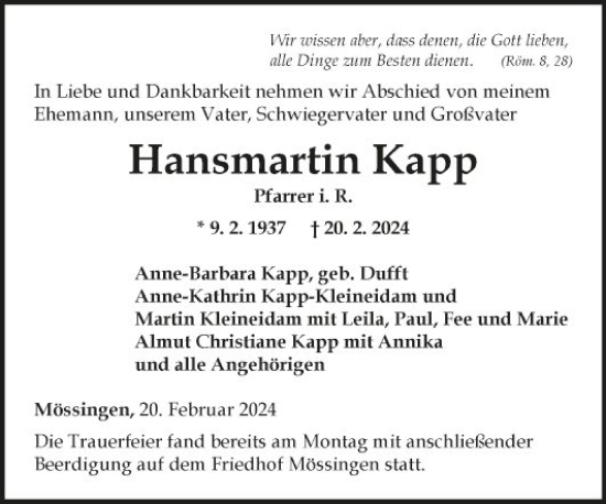 Traueranzeige von Hansmartin Kapp von Fränkische Nachrichten