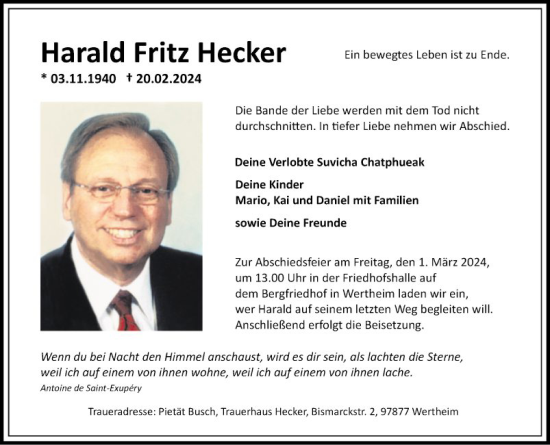 Traueranzeige von Harald Fritz Hecker von Fränkische Nachrichten