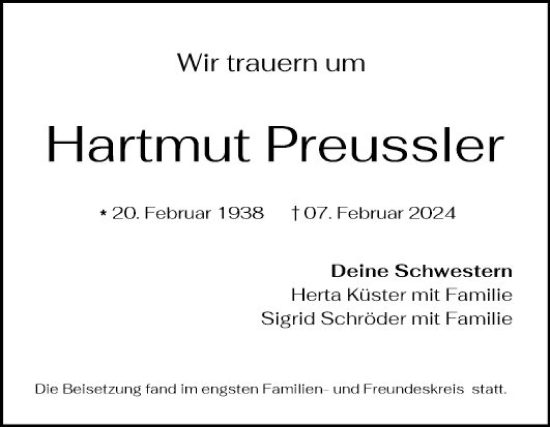 Traueranzeige von Hartmut Preussler von Mannheimer Morgen