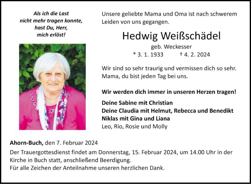  Traueranzeige für Hedwig Weißschädel vom 07.02.2024 aus Fränkische Nachrichten