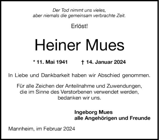 Traueranzeige von Heiner Mues von Mannheimer Morgen