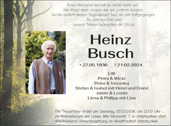 Traueranzeige von Heinz Busch von Fränkische Nachrichten