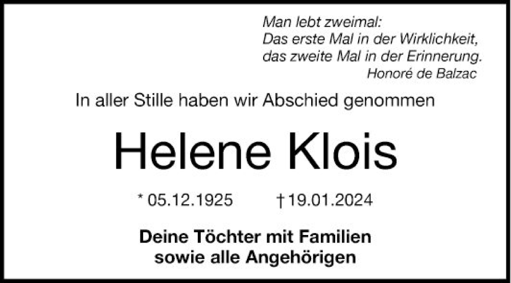  Traueranzeige für Helene Klois vom 17.02.2024 aus Mannheimer Morgen