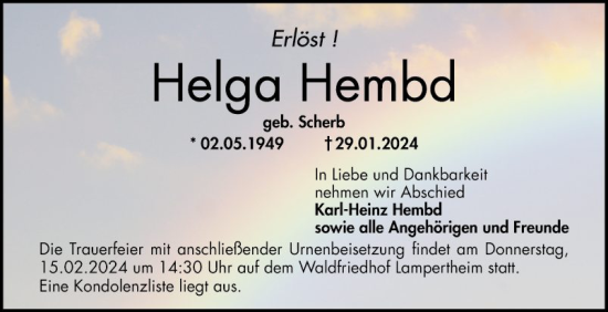 Traueranzeige von Helga Hembd von Mannheimer Morgen