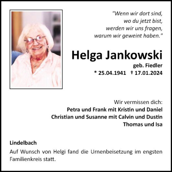Traueranzeige von Helga Jankowski von Fränkische Nachrichten