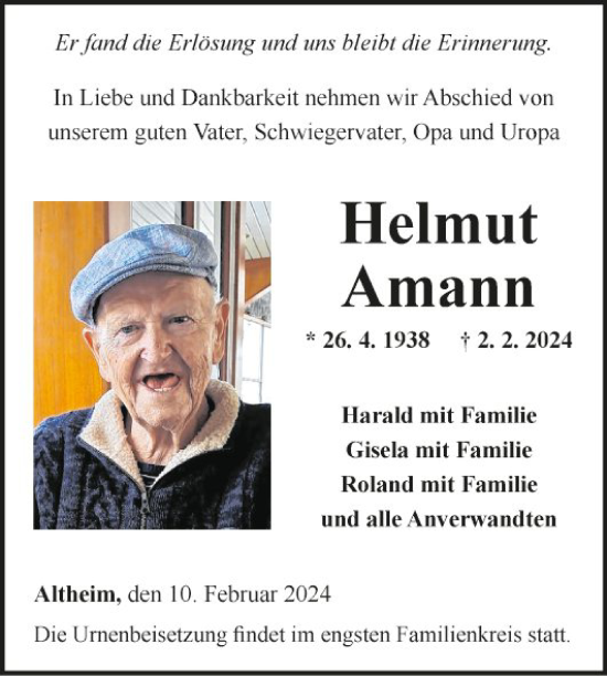 Traueranzeige von Helmut Amann von Fränkische Nachrichten