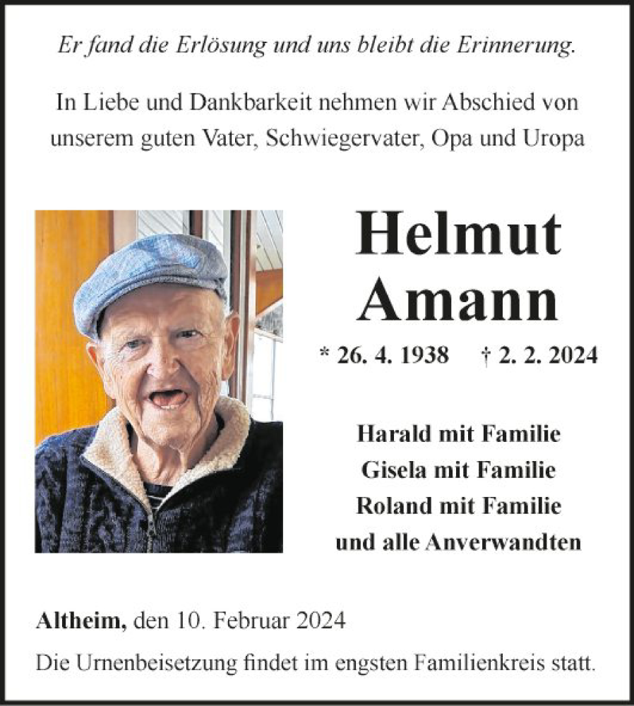  Traueranzeige für Helmut Amann vom 10.02.2024 aus Fränkische Nachrichten