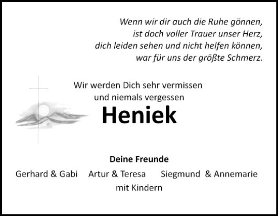 Traueranzeige von Heniek  von Fränkische Nachrichten