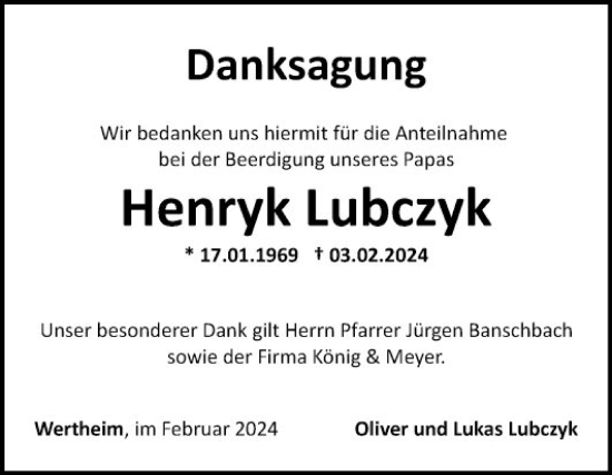 Traueranzeige von Henryk Lubczyk von Fränkische Nachrichten