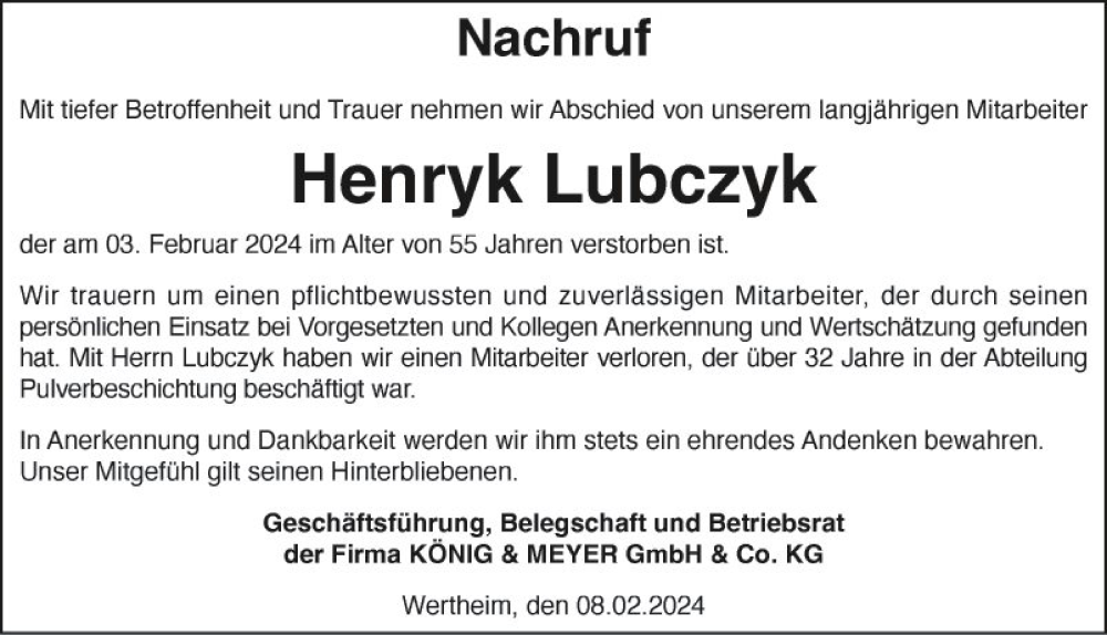  Traueranzeige für Henryk Lubczyk vom 08.02.2024 aus Fränkische Nachrichten