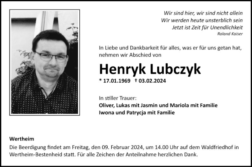  Traueranzeige für Henryk Lubczyk vom 07.02.2024 aus Fränkische Nachrichten