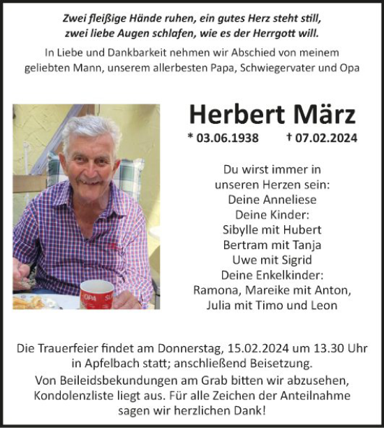 Traueranzeige von Herbert März von Fränkische Nachrichten