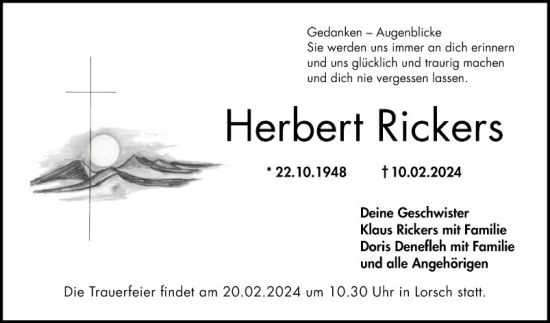 Traueranzeige von Herbert Rickers von Bergsträßer Anzeiger