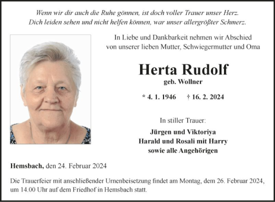 Traueranzeige von Herta Rudolf von Fränkische Nachrichten
