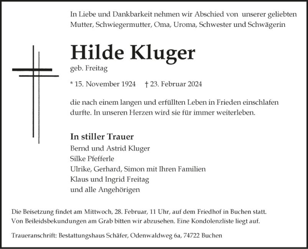  Traueranzeige für Hilde Kluger vom 27.02.2024 aus Fränkische Nachrichten