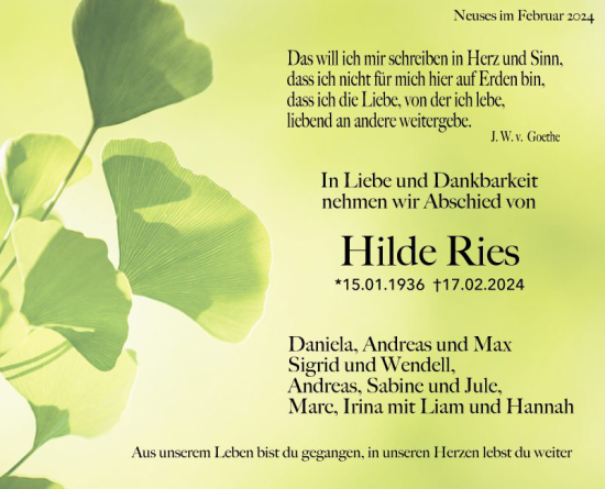 Traueranzeige von Hilde Ries von Fränkische Nachrichten