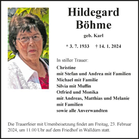 Traueranzeige von Hildegard Böhme von Fränkische Nachrichten
