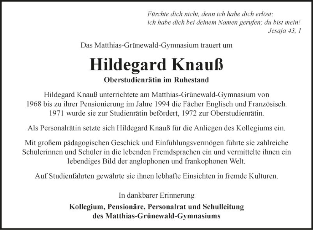  Traueranzeige für Hildegard Knauß vom 13.02.2024 aus Fränkische Nachrichten