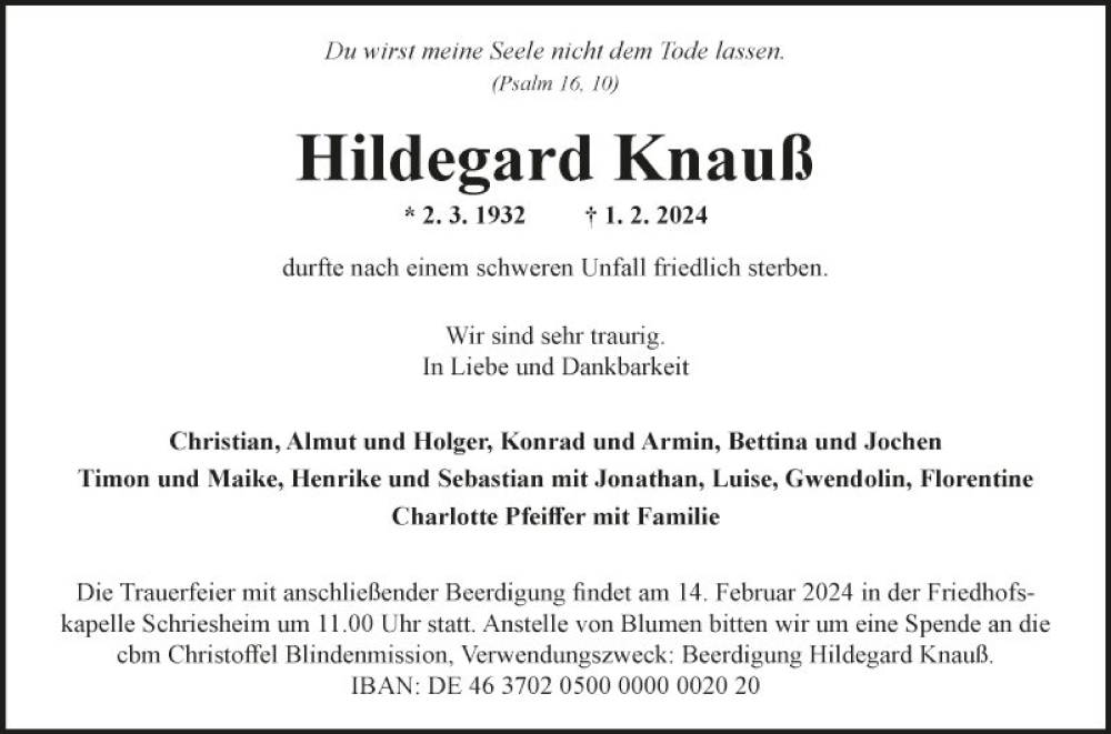  Traueranzeige für Hildegard Knauß vom 03.02.2024 aus Fränkische Nachrichten