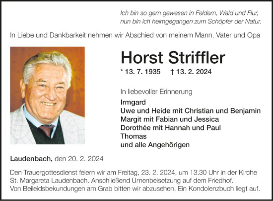 Traueranzeige von Horst Striffler von Fränkische Nachrichten