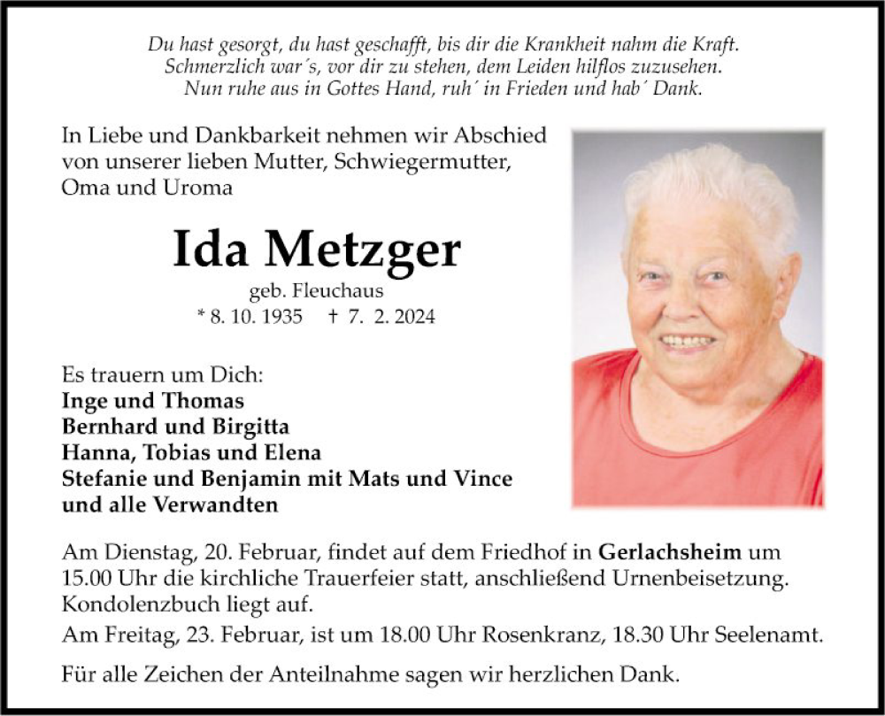  Traueranzeige für Ida Metzger vom 14.02.2024 aus Fränkische Nachrichten