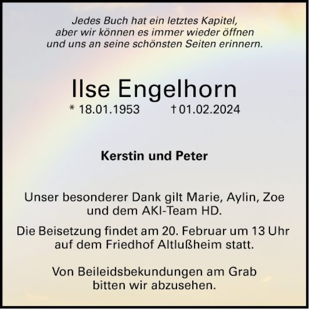  Traueranzeige für Ilse Engelhorn vom 17.02.2024 aus Schwetzinger Zeitung