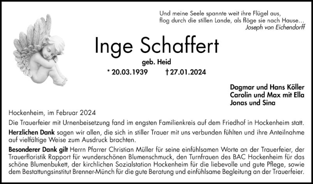  Traueranzeige für Inge Schaffert vom 10.02.2024 aus Schwetzinger Zeitung