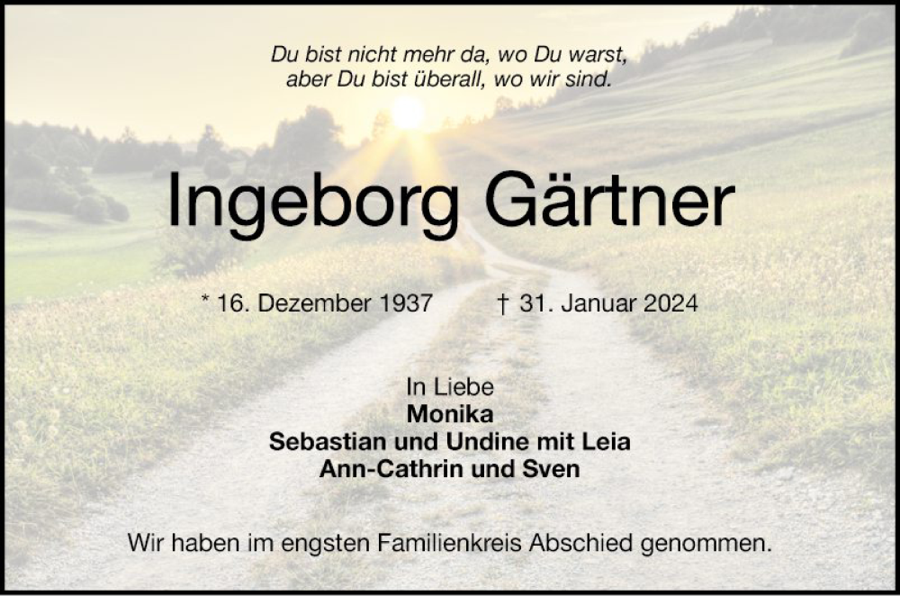  Traueranzeige für Ingeborg Gärtner vom 24.02.2024 aus Schwetzinger Zeitung