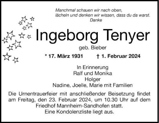 Traueranzeige von Ingeborg Tenyer von Mannheimer Morgen