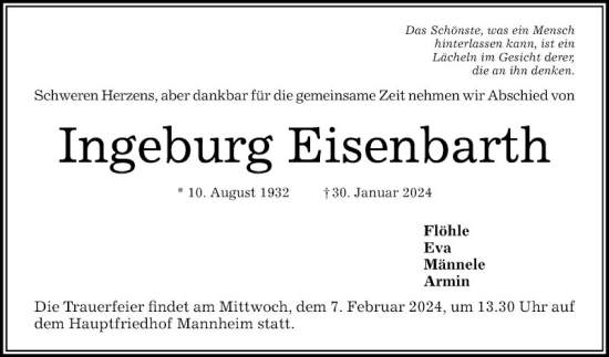 Traueranzeige von Ingeburg Eisenbarth von Mannheimer Morgen