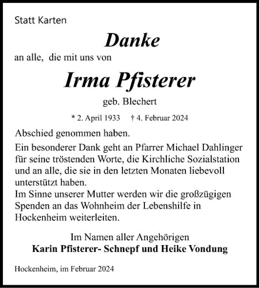  Traueranzeige für Irma Pfisterer vom 24.02.2024 aus Schwetzinger Zeitung