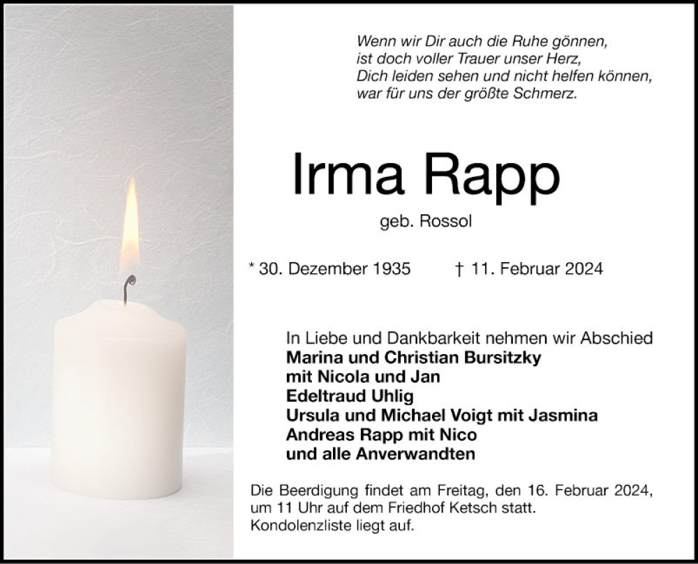  Traueranzeige für Irma Rapp vom 14.02.2024 aus Schwetzinger Zeitung