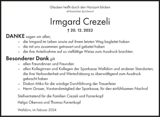 Traueranzeige von Irmgard Crezeli von Fränkische Nachrichten