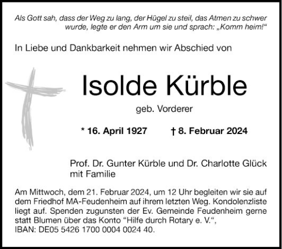 Traueranzeige von Isolde Kürble von Mannheimer Morgen