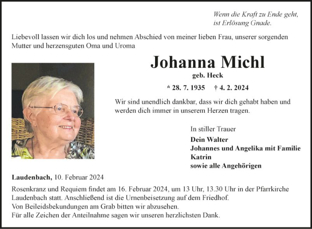  Traueranzeige für Johanna Michl vom 10.02.2024 aus Fränkische Nachrichten