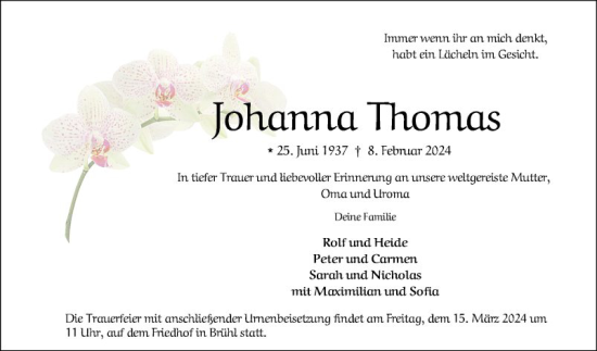 Traueranzeige von Johanna Thomas von Schwetzinger Zeitung
