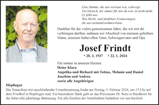 Traueranzeige von Josef Frindt von Fränkische Nachrichten