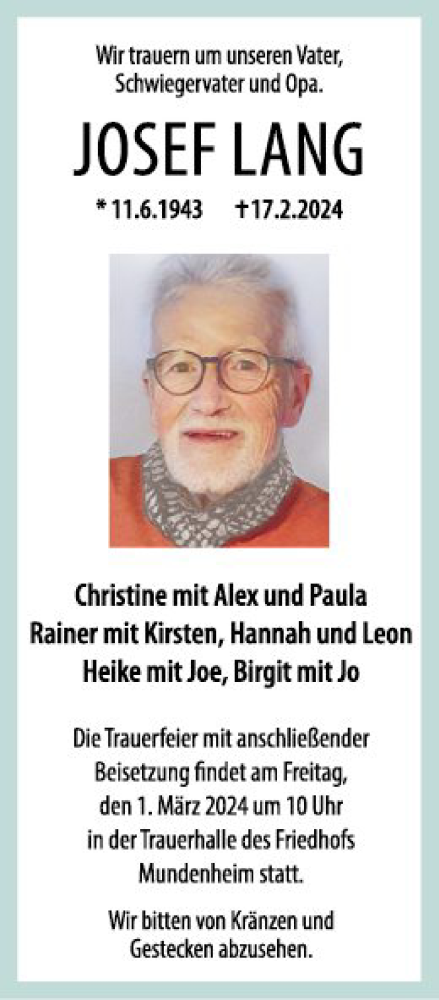  Traueranzeige für Josef Lang vom 24.02.2024 aus Mannheimer Morgen
