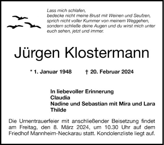 Traueranzeige von Jürgen Klostermann von Mannheimer Morgen