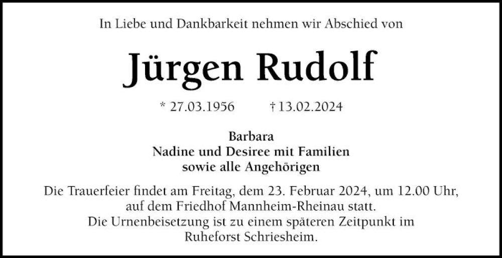  Traueranzeige für Jürgen Rudolf vom 17.02.2024 aus Mannheimer Morgen