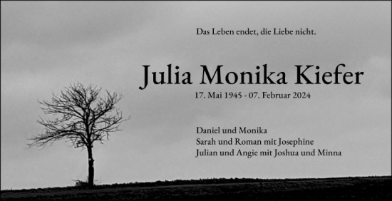 Traueranzeige von Julia Kiefer von Fränkische Nachrichten