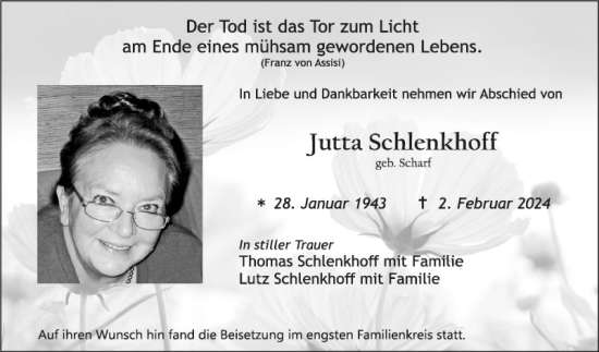 Traueranzeige von Jutta Schlenkhoff von Fränkische Nachrichten