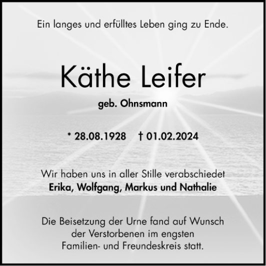 Traueranzeige von Käthe Leifer von Mannheimer Morgen