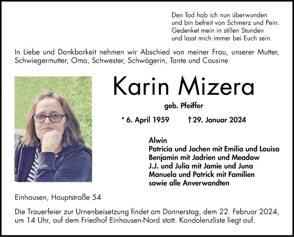  Traueranzeige für Karin Mizera vom 17.02.2024 aus Bergsträßer Anzeiger